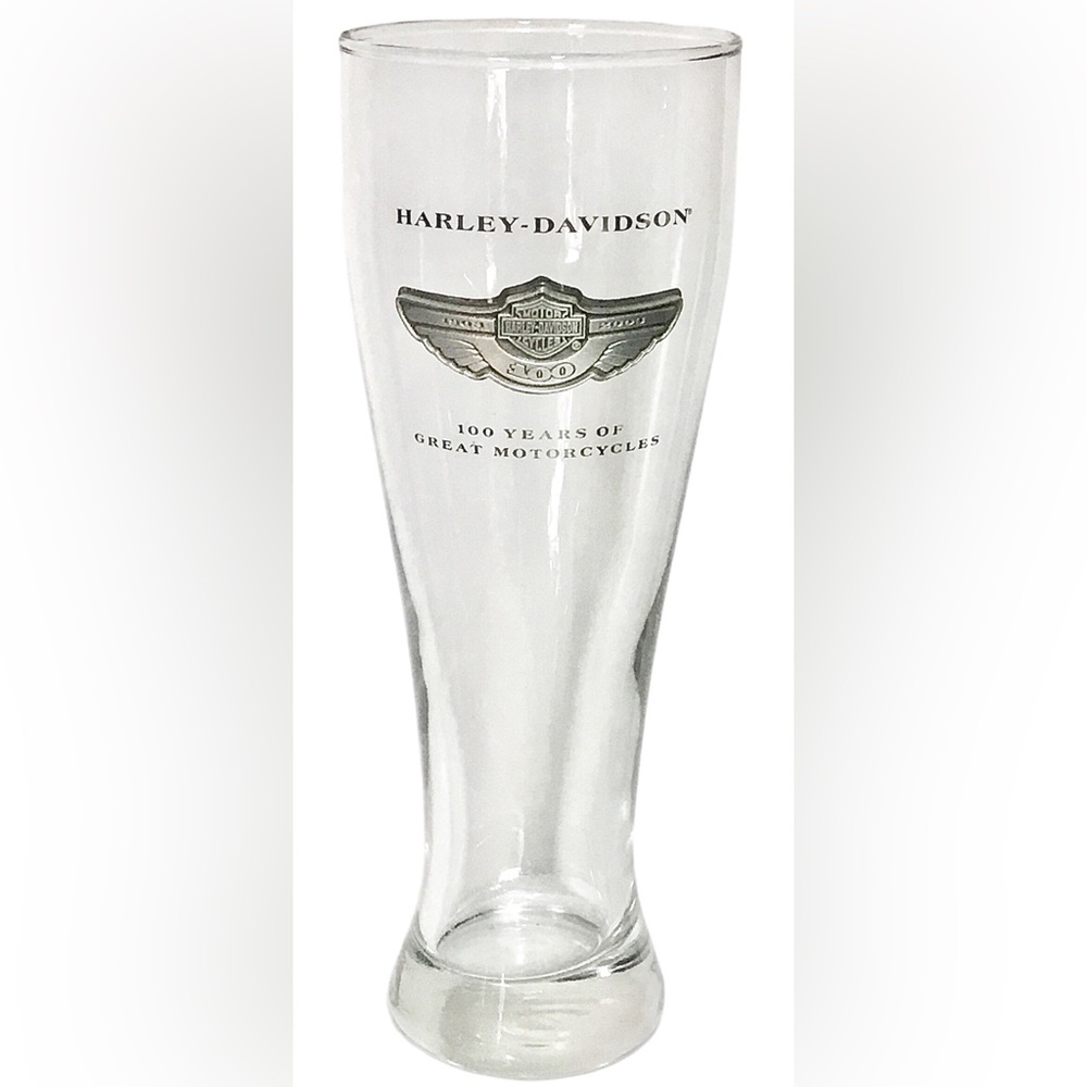 Harley Davidson 100th Anniversary Pilsner Beer Glass with Pewter Badge